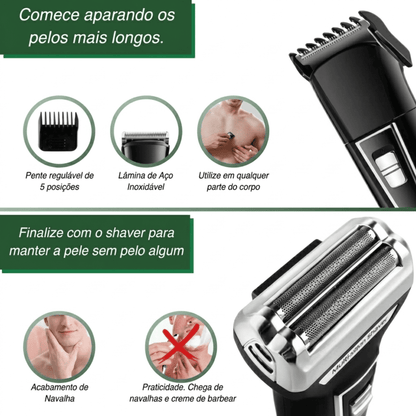 Barbeador Elétrico Kemei 3 em 1 – Barba, Cabelo e Pelos do Nariz | Recarregável Bivolt
