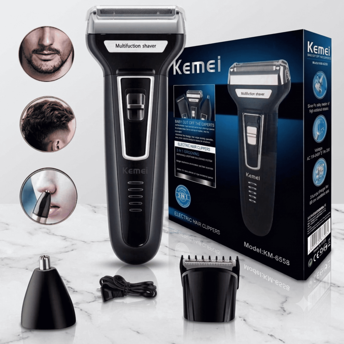Barbeador Elétrico Kemei 3 em 1 – Barba, Cabelo e Pelos do Nariz | Recarregável Bivolt